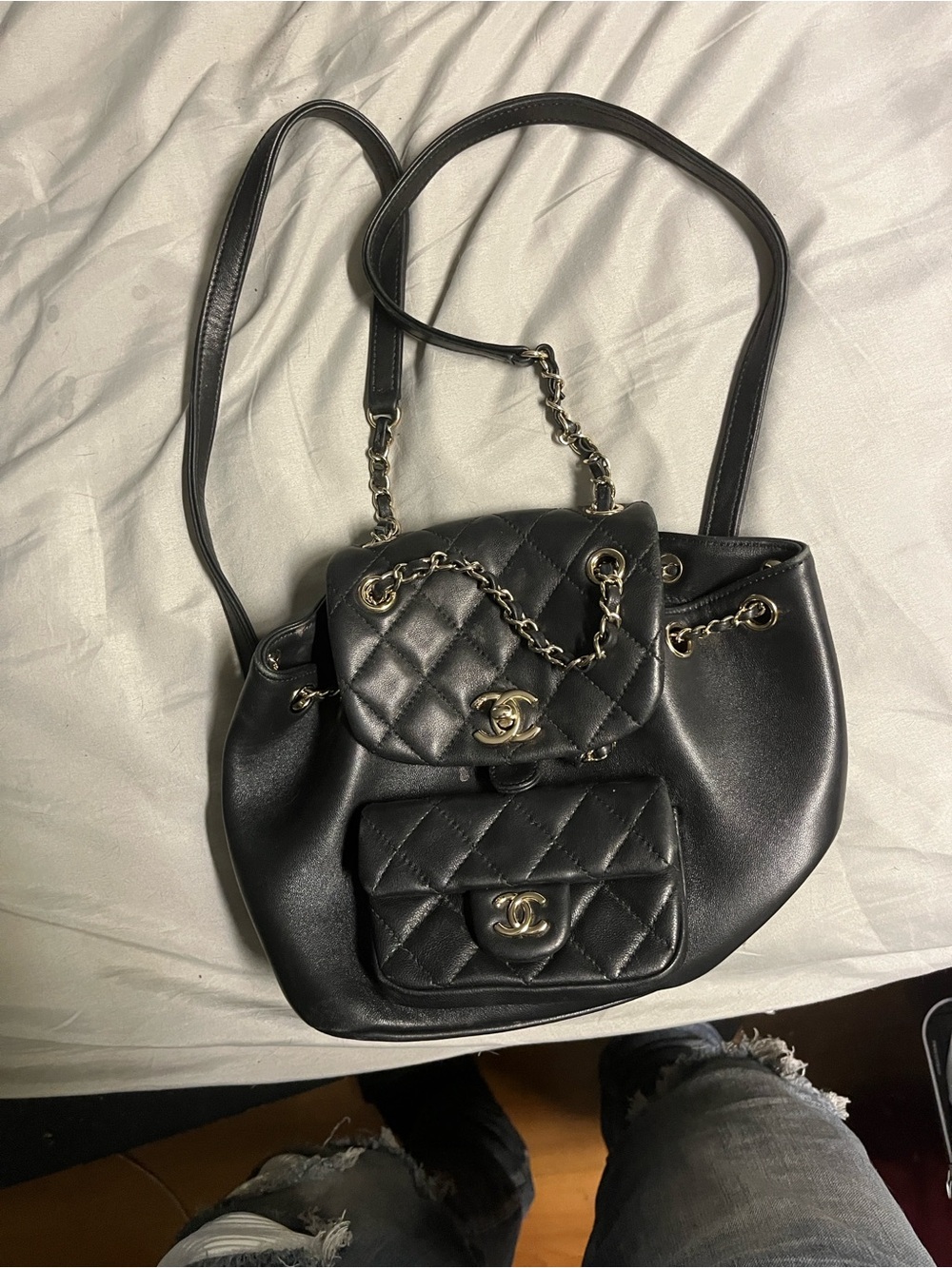 CHANEL Black Quilted Leather Double Flap Drawstring Shoulder Bag
